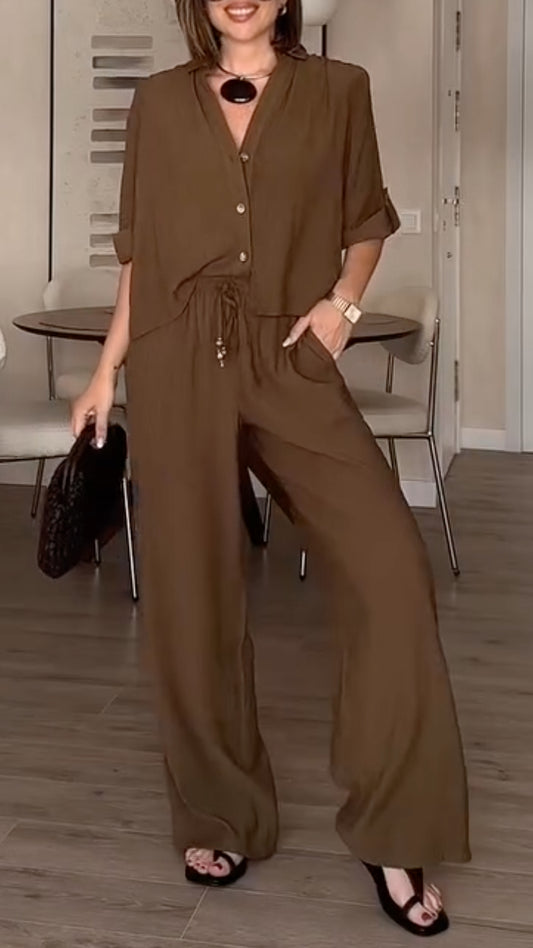 Brown Linen-Blend Button-Down Shirt & Wide Leg Pants Co-Ord