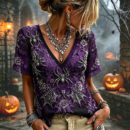 Women 3d Silver Spider Bat Floral Lace Mesh V Neck Short Sleeve Gothic Witch Halloween Top