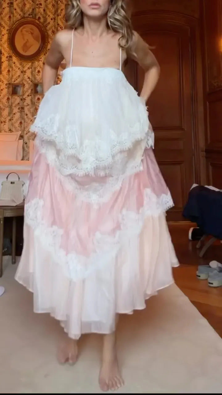 Tiered Lace Tulle Maxi Dress