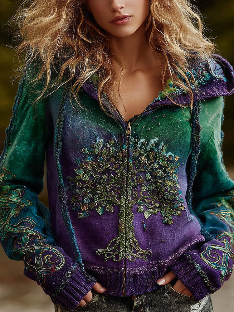 Women's Vintage Viking Tree Of Life Cozy Warm Knit Zip-up Hooded Sweater