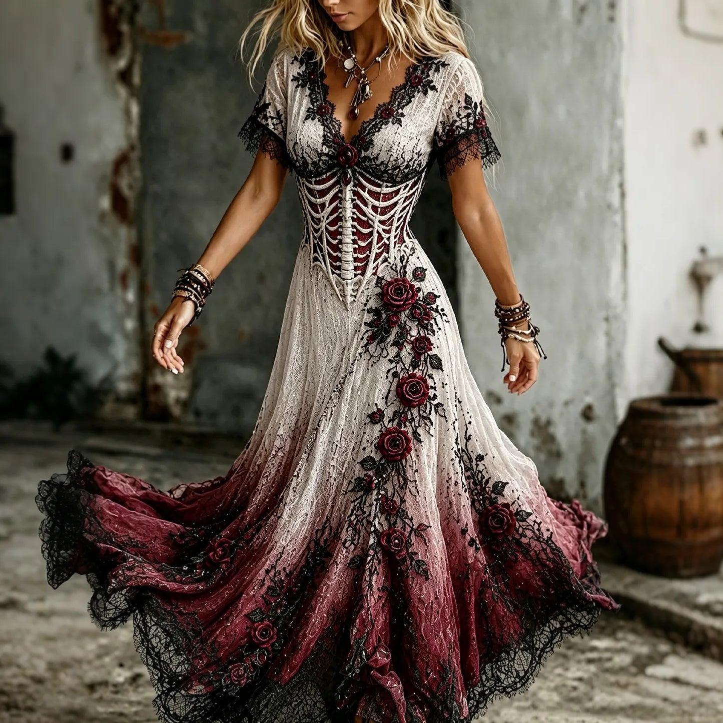 Women's Halloween Gothic Rose And Human Skeleton Art V-neck Short Sleeve Maxi Dress