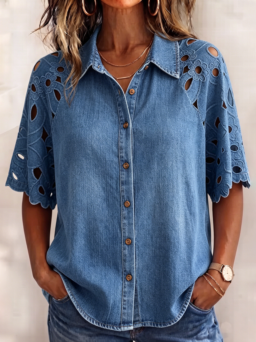 Vintage-style Denim Shirt With Cutout Floral Lace Paneling