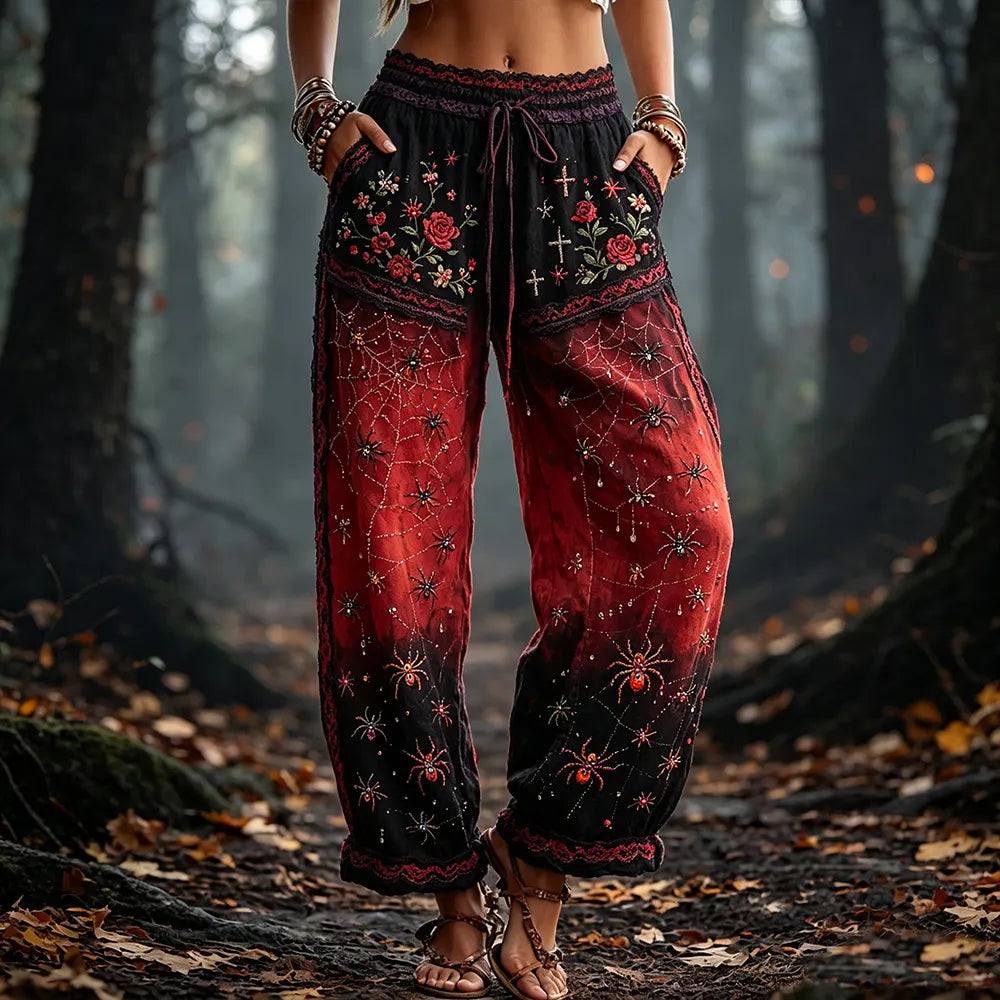 Women's Halloween Spider And Rose Art Gradient Distressed Casual Linen Pants