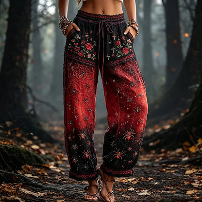 Women's Halloween Spider And Rose Art Gradient Distressed Casual Linen Pants