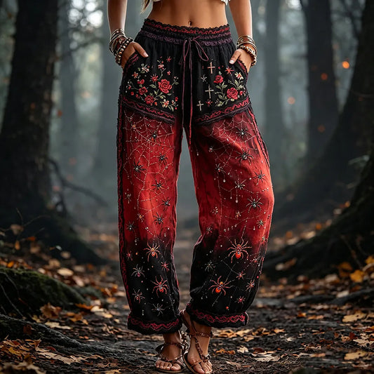 Women's Halloween Spider And Rose Art Gradient Distressed Casual Linen Pants