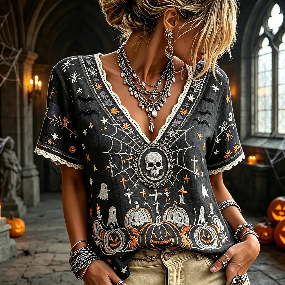 Women's Spooky Skull, Spiderweb, And Pumpkin Print Short Sleeve T-shirt
