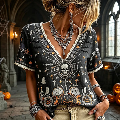 Women's Spooky Skull, Spiderweb, And Pumpkin Print Short Sleeve T-shirt