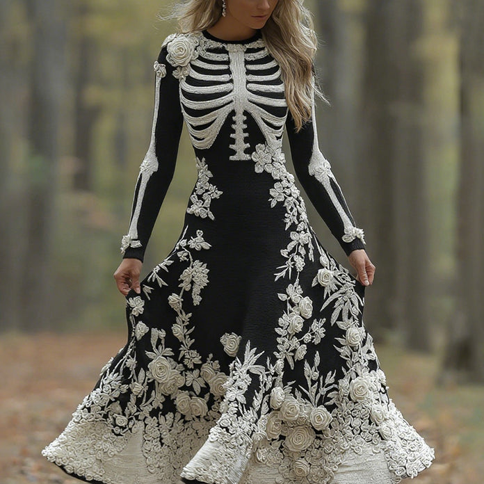 Women's Retro Halloween Skeleton Bones With Rose Art Cozy Knitted Warm Long Sleeve Maxi Dress