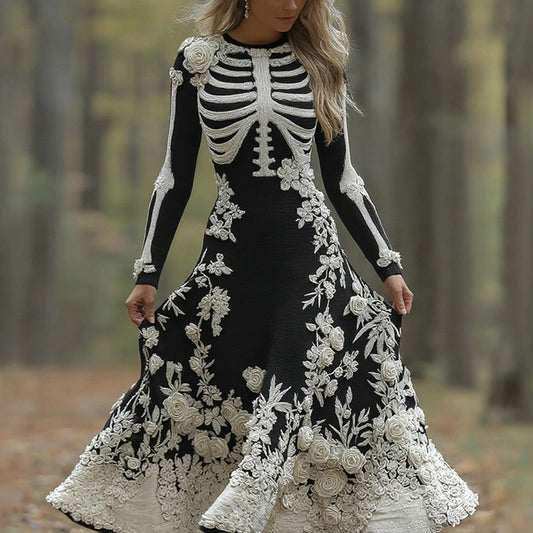 Women's Retro Halloween Skeleton Bones With Rose Art Cozy Knitted Warm Long Sleeve Maxi Dress