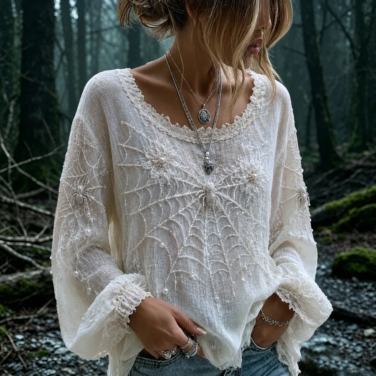 Women's Vintage Halloween Spider And Web Flower Embroidery Art Long Sleeve T-shirt