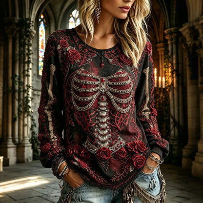 Women's Dark Rose Skull Design Cotton Linen Long-sleeve T-shirt