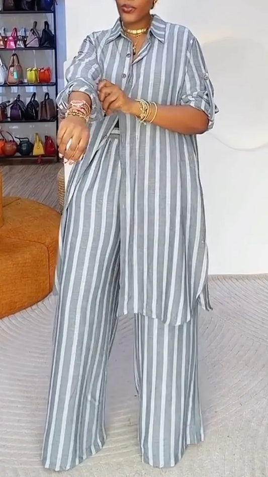 Grey Striped Linen‑Look 2‑Piece Set