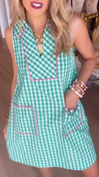 Green Gingham Sleeveless Shift Dress