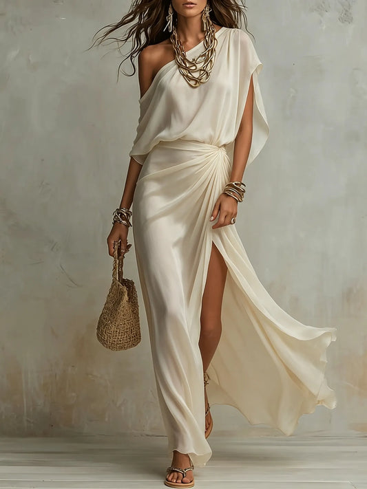 Women's One-Shoulder Satin Slit Maxi Dress