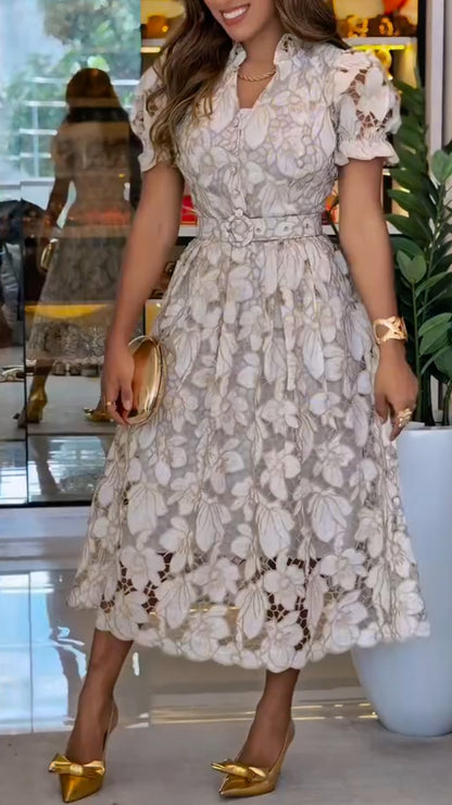 lush Pink 3D Floral Lace Belted Midi Dress
