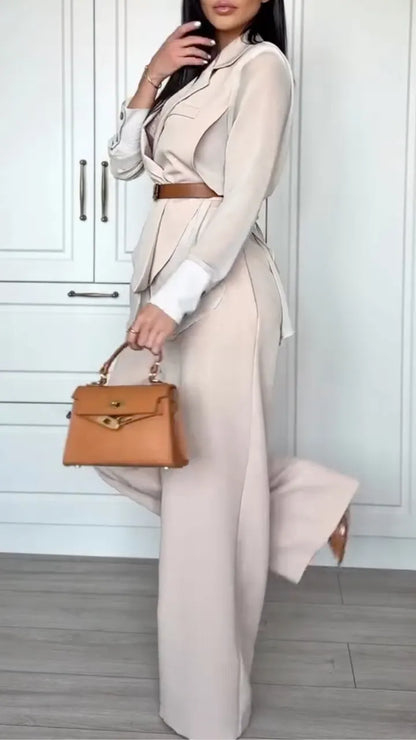 Beige Wrap Blazer Top & Wide Leg Pants Co-Ord Set