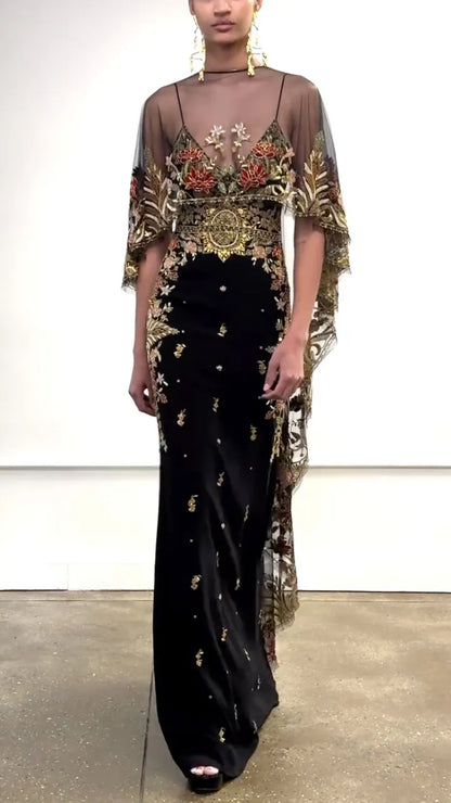 Black Embroidered Maxi Evening Gown