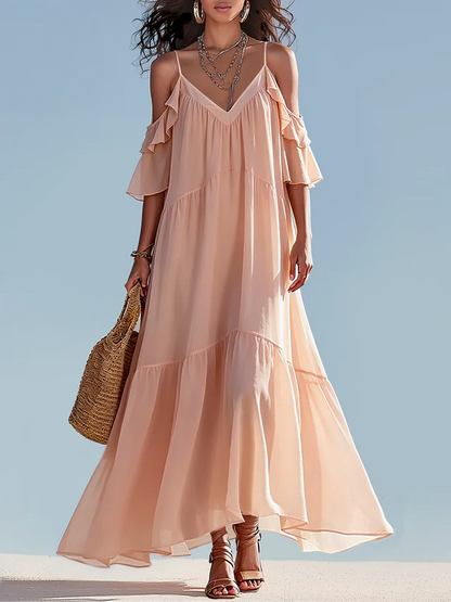 Dreamy Pink Off-shoulder Chiffon Ruffled Maxi Dress