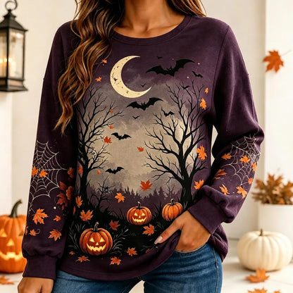 Women's Halloween Spooky Forest And Pumpkin Graphic Print Long-sleeve Sweatshirt