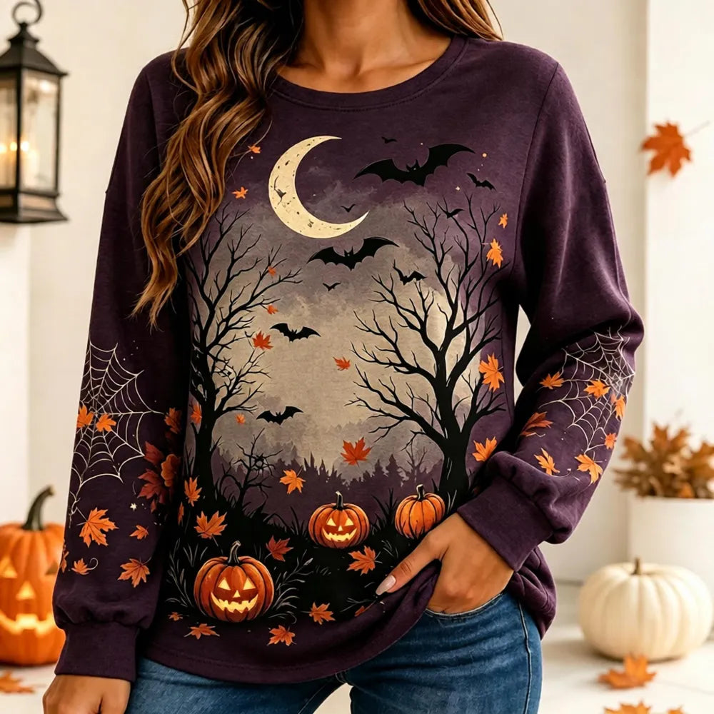 Women's Halloween Spooky Forest And Pumpkin Graphic Print Long-sleeve Sweatshirt