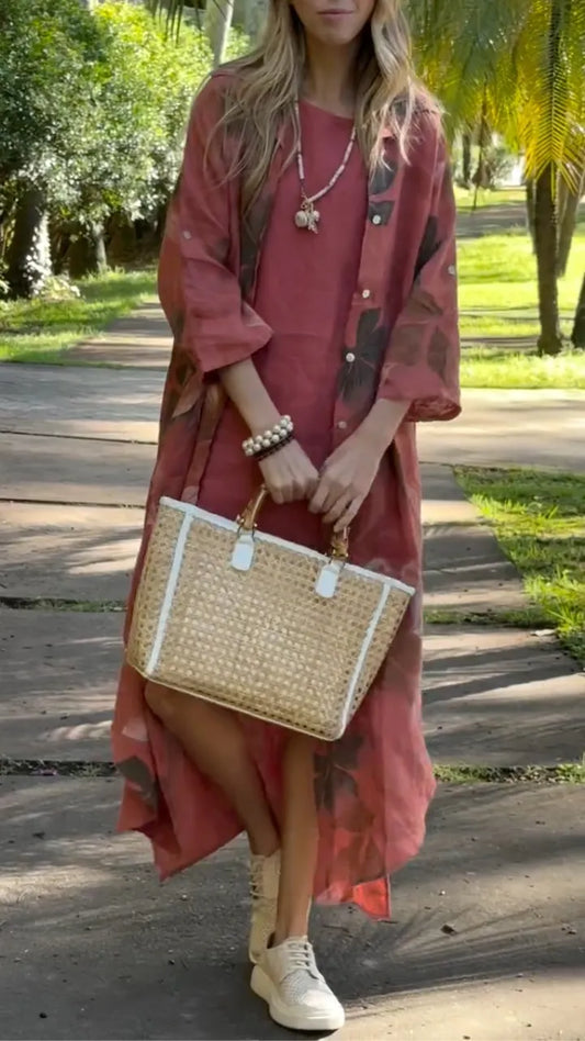 Rust Linen Tunic Dress & Kimono Cardigan Set