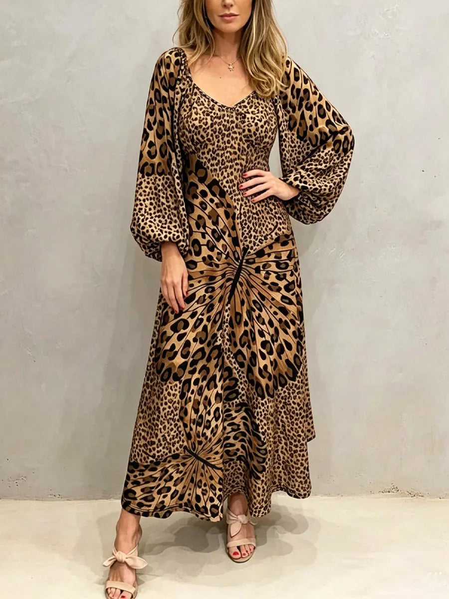 Women's Butterfly Leopard Pattern Loose Art Casual Stylish Long Sleeve Dress