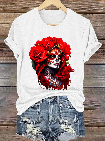 Mexican La Catrina Day Of The Dead Art Pattern Print Cotton Graphic T-Shirt