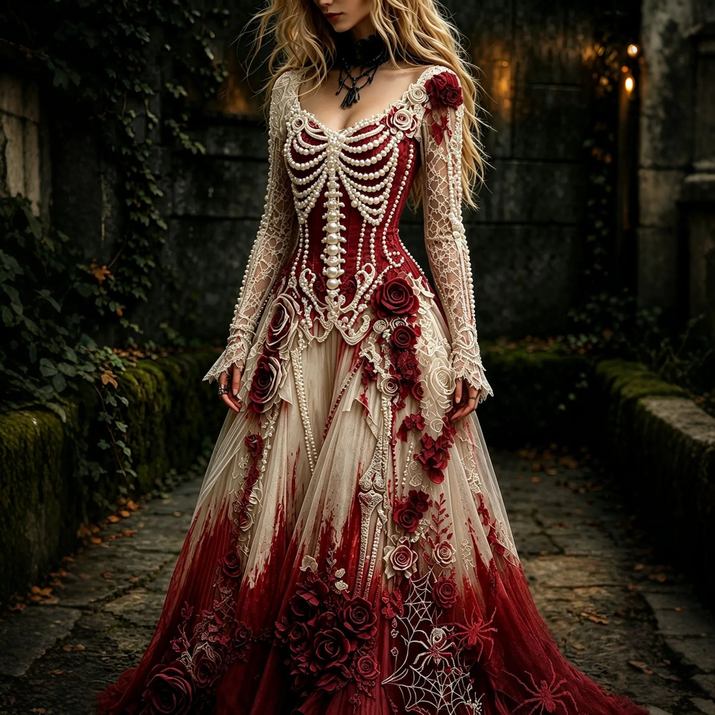Women's Retro Gothic Skeleton And Rose Pattern Maxi Halloween Dress