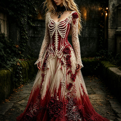 Women's Retro Gothic Skeleton And Rose Pattern Maxi Halloween Dress