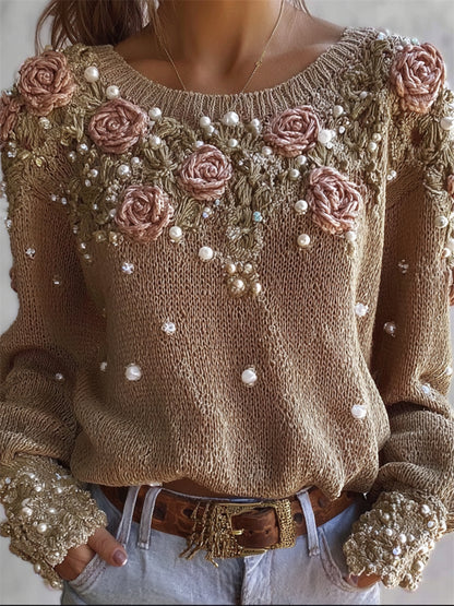 Vintage Classy Roses Pearls Embroidered Cozy Knit Sweater