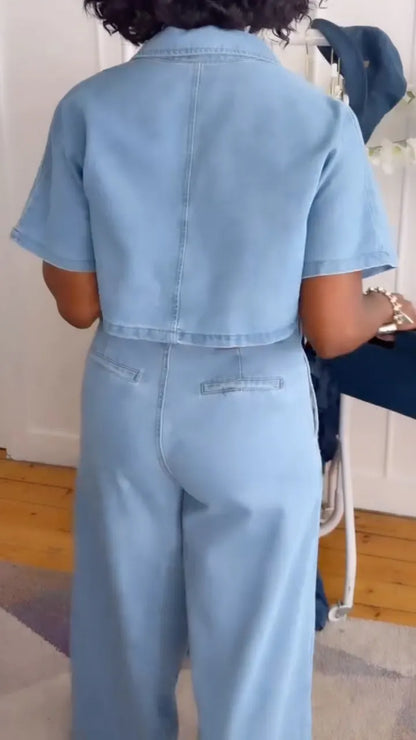 Cropped Denim Shirt & Wide Leg Pants Two Piece Set