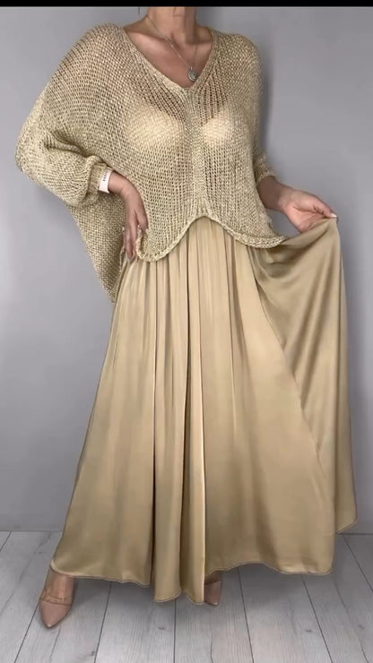 Gold Open Knit Cropped Sweater with Satin Maxi Skirt Set