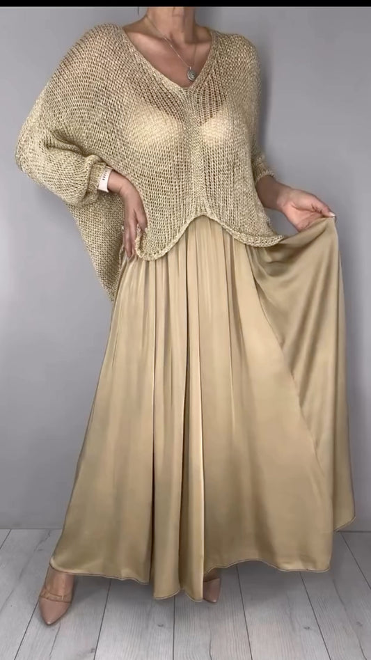 Gold Open Knit Cropped Sweater with Satin Maxi Skirt Set
