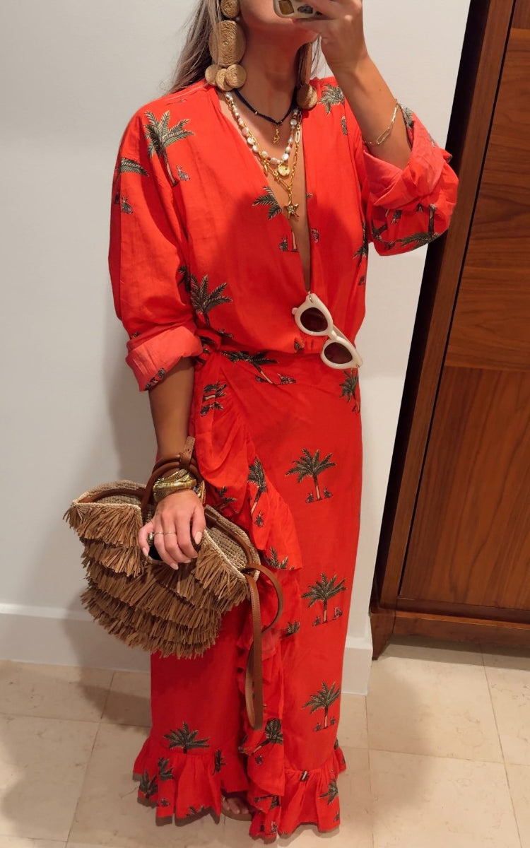 Red Palm Print Wrap Set