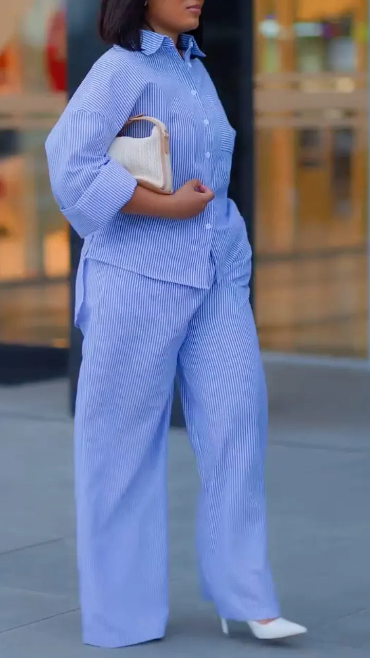 Women's Collared Pinstripe Shirt Casual Suit