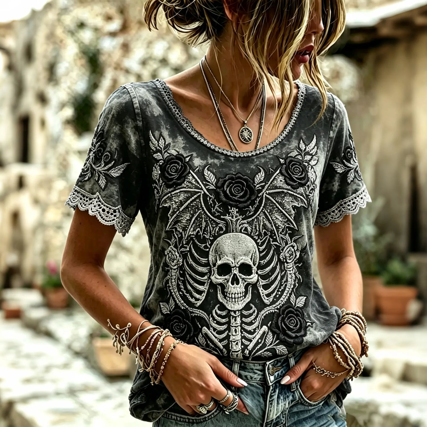 Women's Dark Rose Skull Print Crew Neck Short Sleeve Shirt