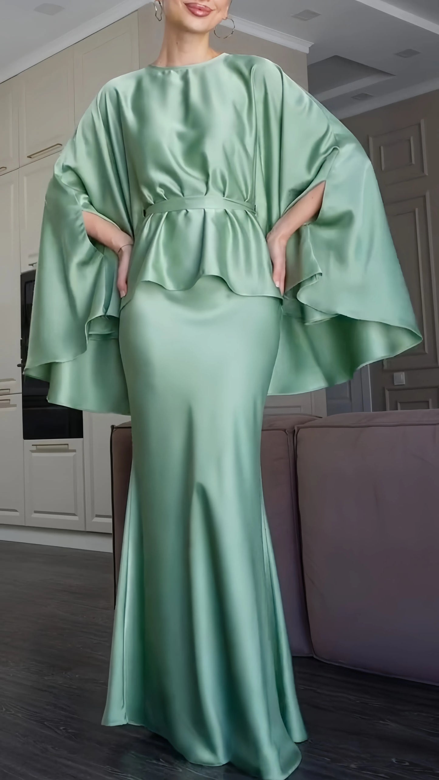 Cape Sleeve Satin Top & Mermaid Maxi Skirt Co‑Ord Set