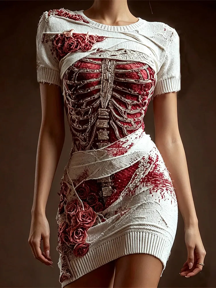 Women's Halloween Skull And Lace-up Art Casual Crew Neck Bodycon Dress