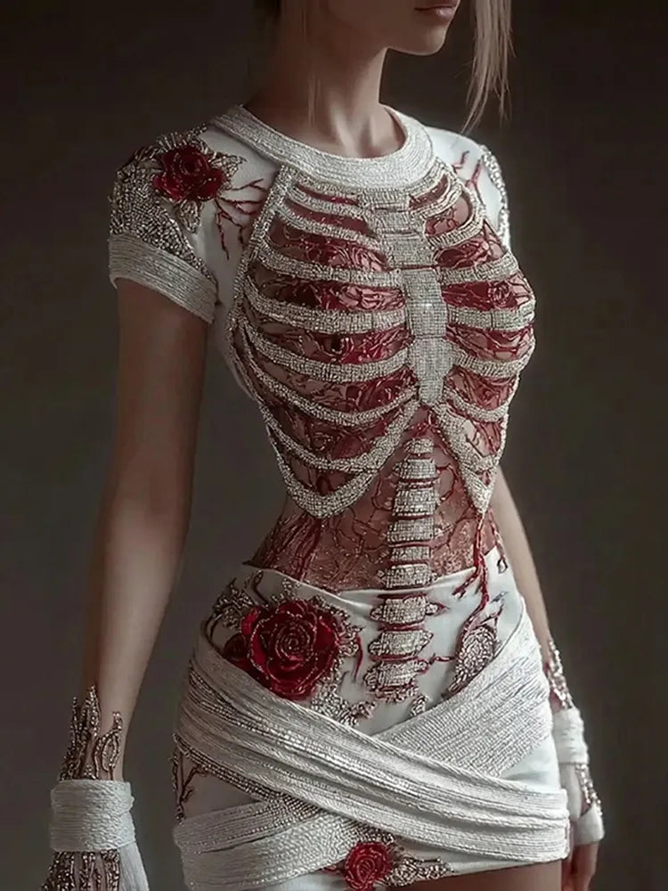Women's Vintage Halloween Rose And Human Skeleton Art Pattern Mini Dress
