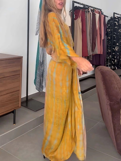 Tie-Dye V-Neck Batwing Sleeve Waist Tie Maxi Dress