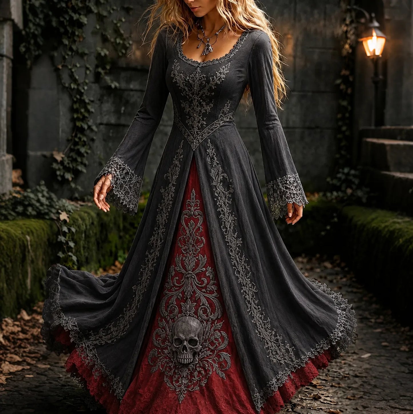 Women's Retro Gothic Skull Color Block Pattern Maxi Halloween Dress