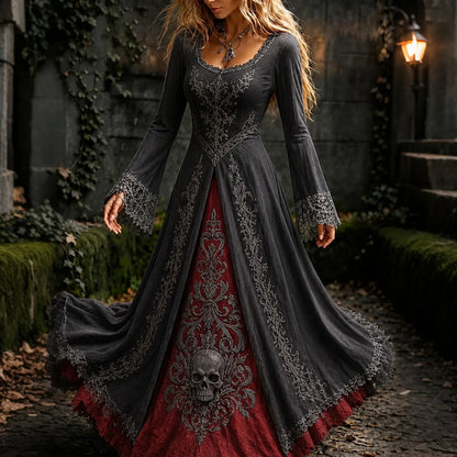 Women's Retro Gothic Skull Color Block Pattern Maxi Halloween Dress