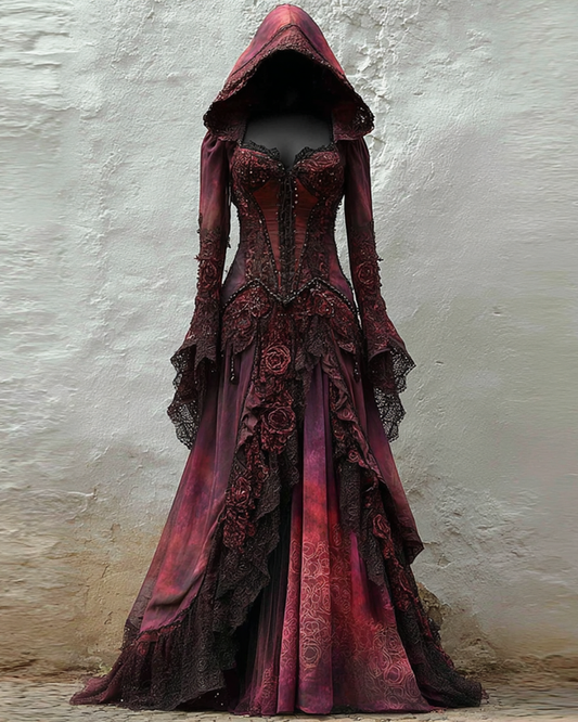 Halloween Themed Gradient Lace Embroidered Hooded Dress f9fa