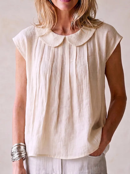 Classic Elegant Pleated Cotton-linen Shirt With Peter Pan Collar