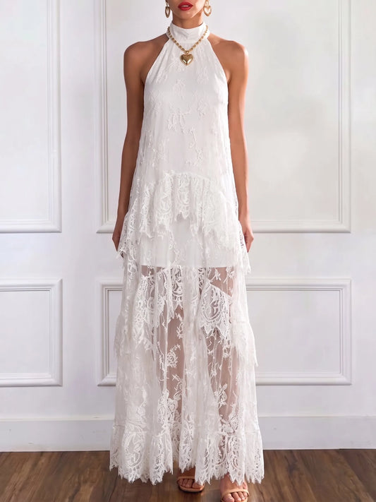 Stylish And Elegant White Lace Halter-neck Maxi Dress