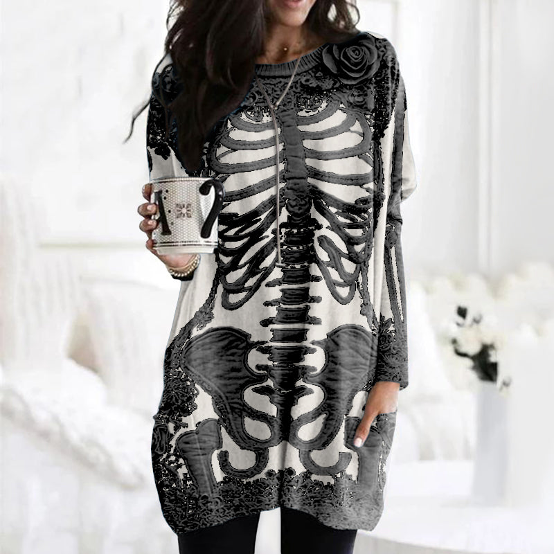 Women's Halloween Skeleton Bones With Rose Art Cozy Knit Turtleneck Mini Sweater Dress
