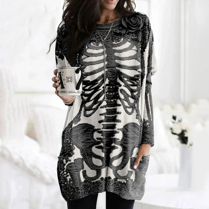 Women's Halloween Skeleton Bones With Rose Art Cozy Knit Turtleneck Mini Sweater Dress