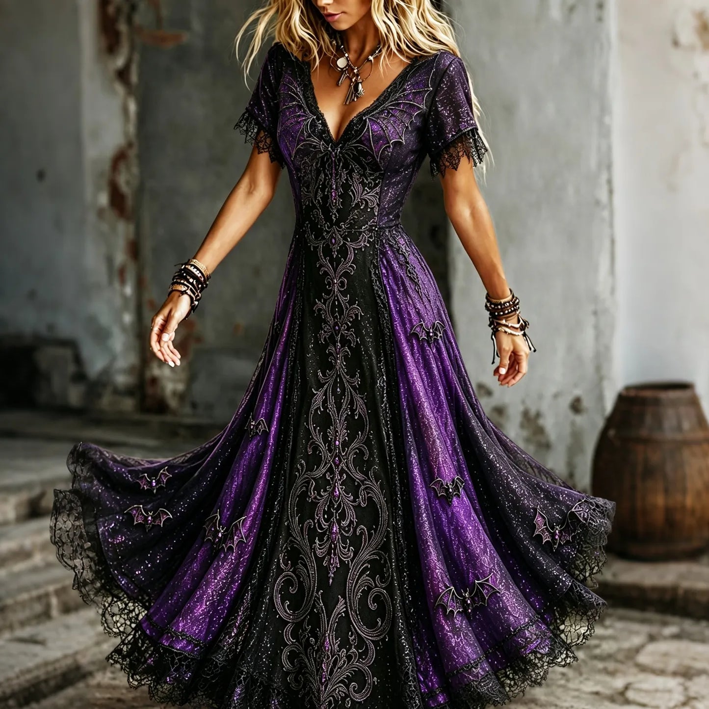 Women's Vintage Halloween Bat Pattern V-neck Short Sleeve Maxi Dress