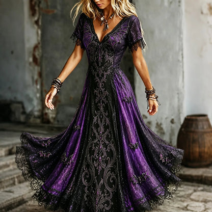 Women's Vintage Halloween Bat Pattern V-neck Short Sleeve Maxi Dress