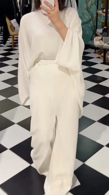 Draped High‑Neck Top & Wrap‑Front Wide Leg Pants Co‑Ord Set